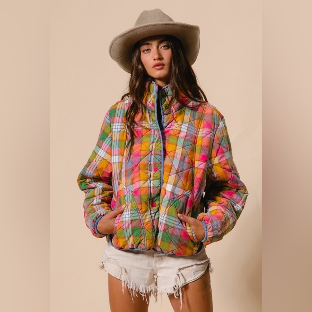 Multicolor plaid quilted snap button boho pullover jacket coat